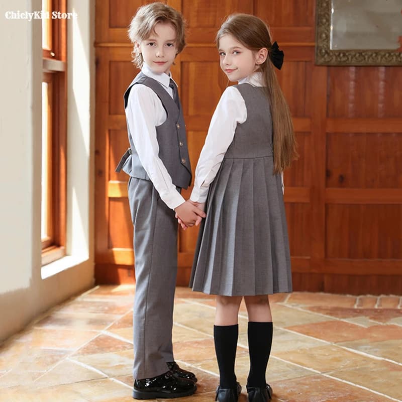 Garçons britannique Double boutonnage gilet costume pantalon filles robe enfants étudiant vêtements 
