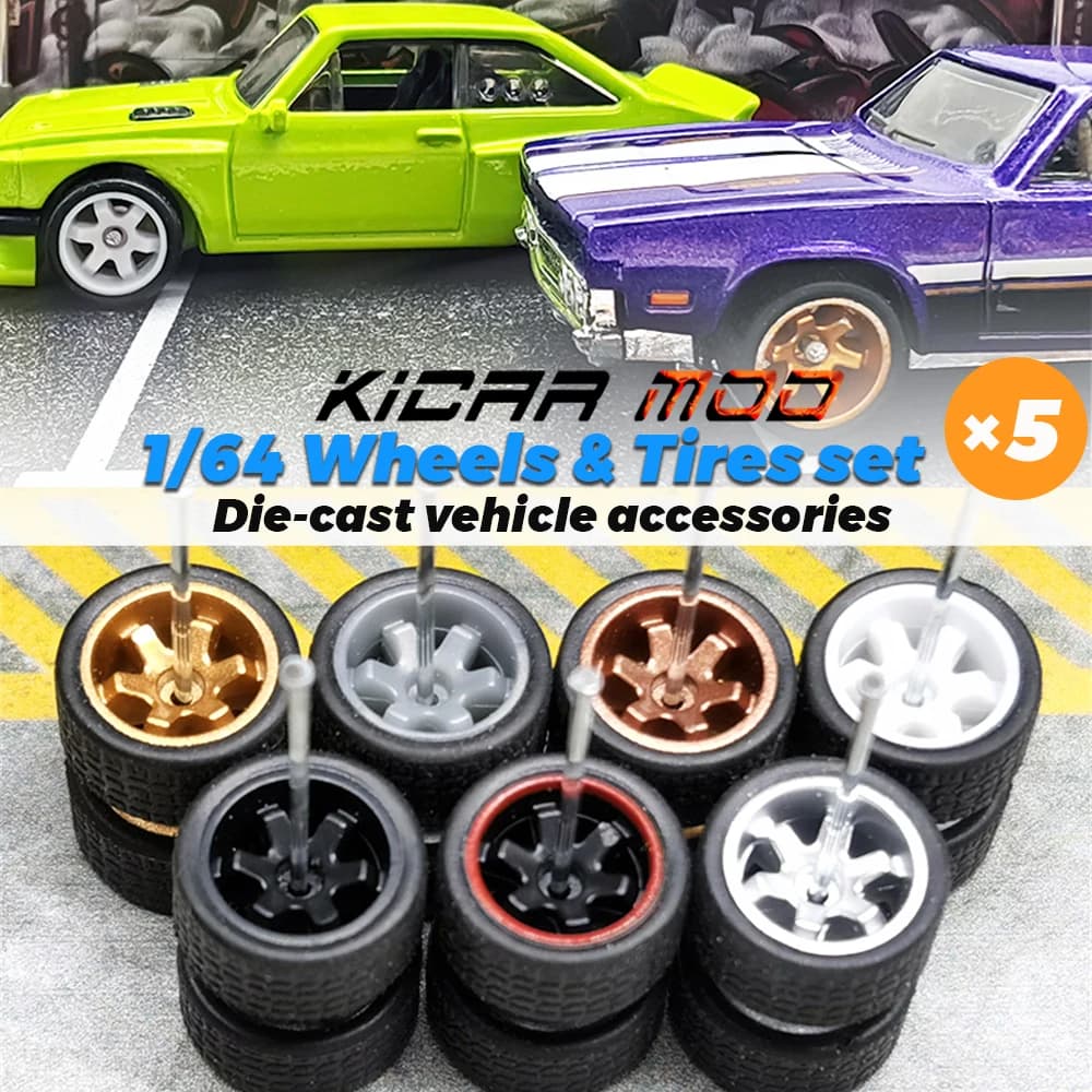 Roues 1/64 avec pneus fixes en caoutchouc noir, Six rayons pour modèle de jouet, voitures moulées so