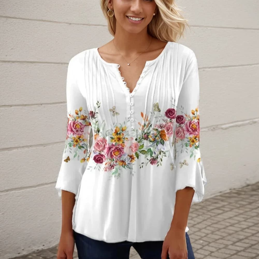 Chemisier à manches courtes et col en V pour femmes, chemise imprimée de fleurs 3D, pull boutonné, h