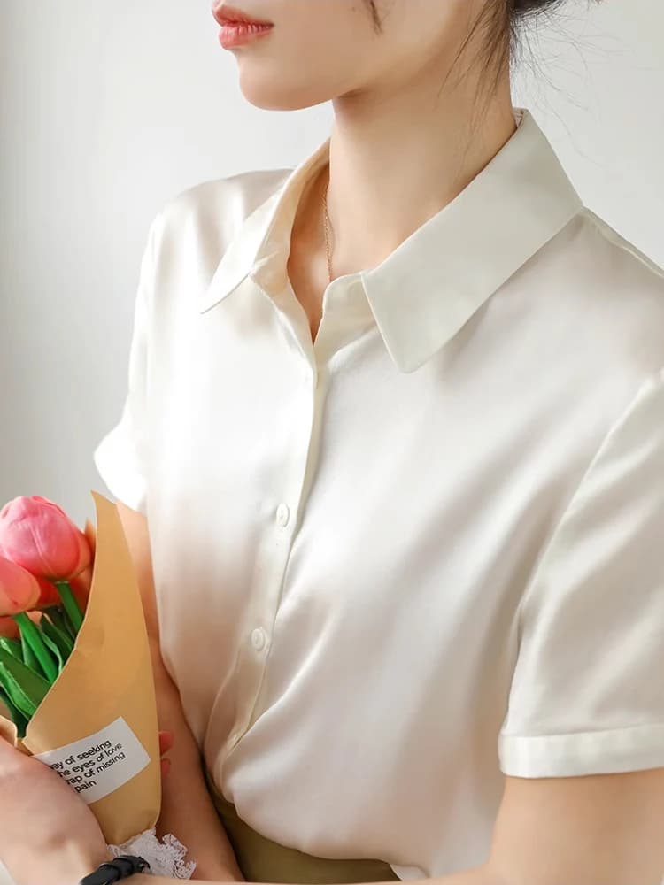 SuyaDream, Chemises unies pour femme, 95% Soie 5% Spandex, Manches courtes, Blouses blanches chics, 