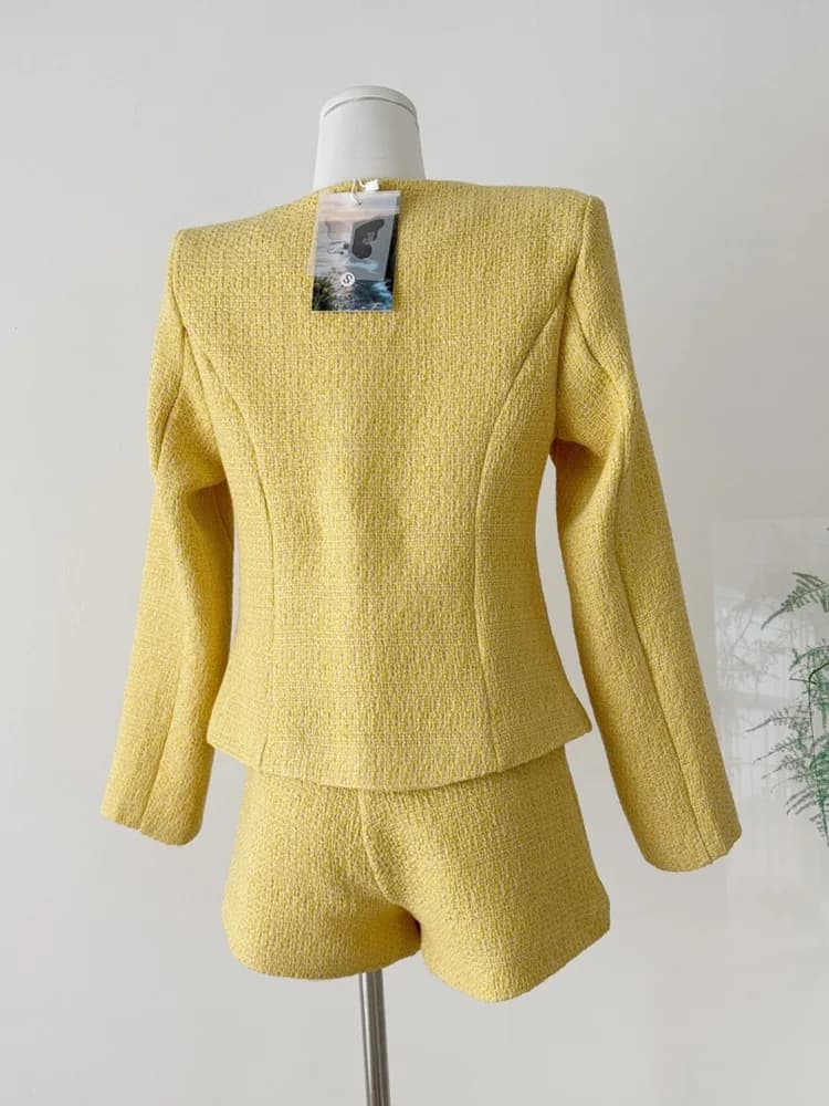 Haut de gamme élégant femme Tweed veste manteau + taille haute Shorts ensemble femmes français mince