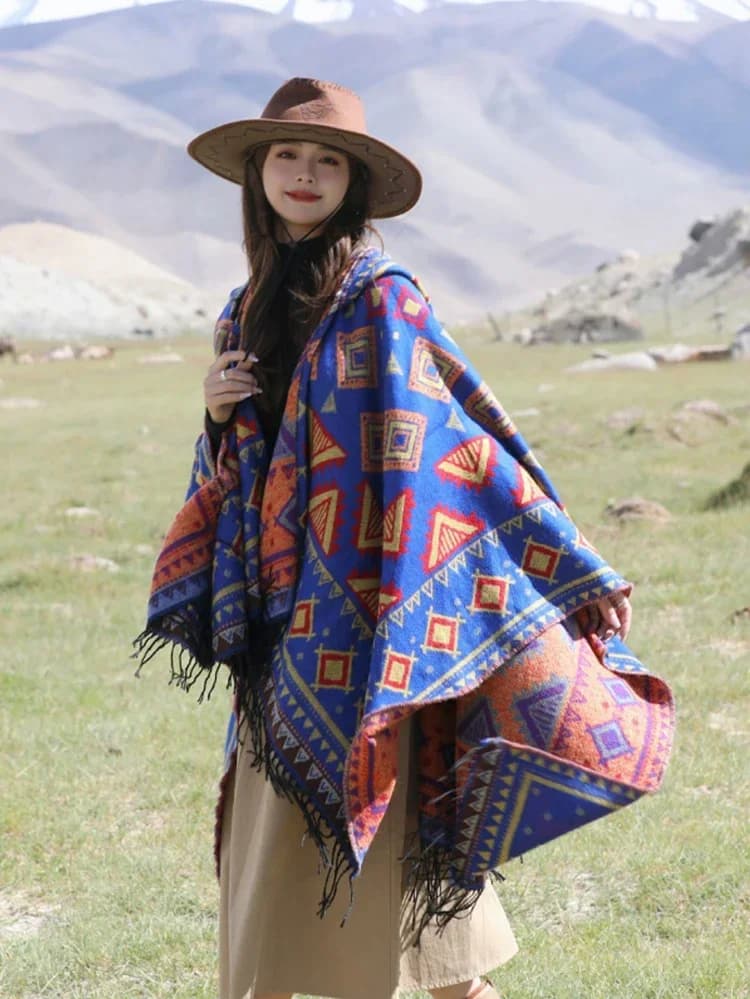 GypsyLady – cape à capuche bleue Vintage Chic, style bohémien, pour femme, chaude, ethnique, tricoté