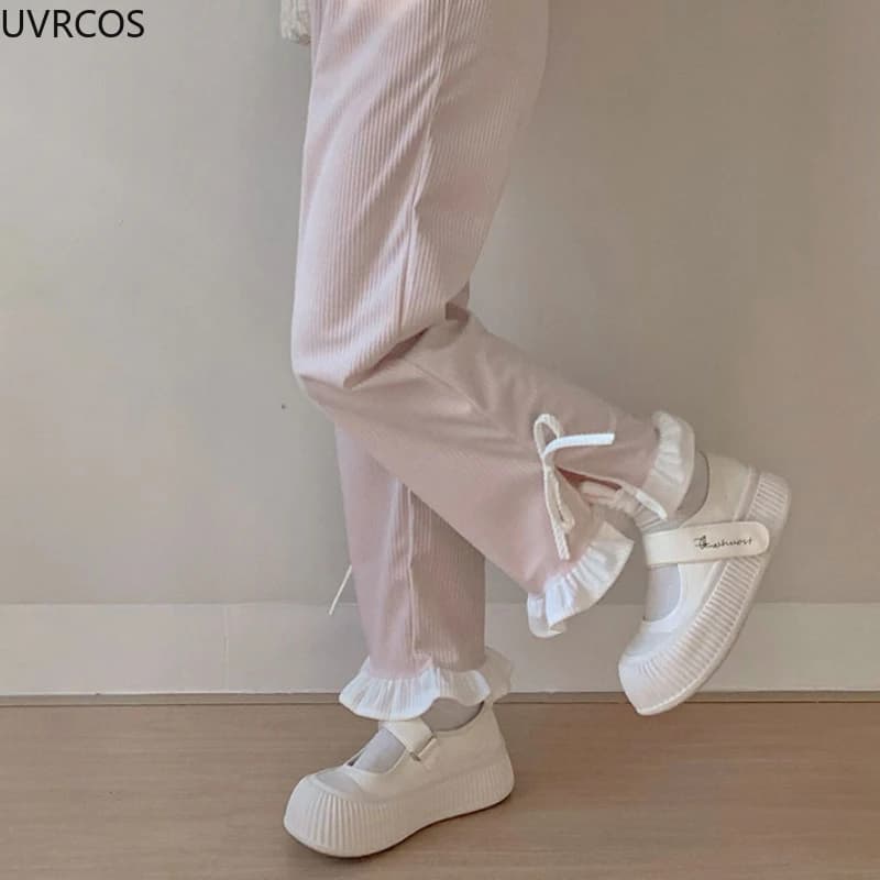 Pantalon en velours côtelé à nœud rose pour femme, style Sweet Lolita, volants Kawaii, bandage latér