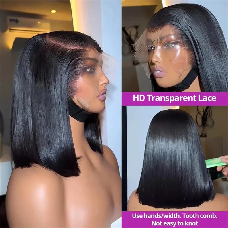 Perruque courte bob 13x6 HD Lace Frontal, lisse comme un bâton, sans colle, pré-coupée, avec closure