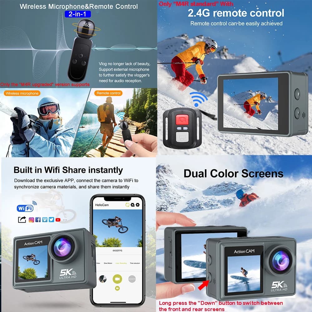 Caméra d'action 5K 4K60FPS double IPS tactile LCD DVR EIS 170 °   Caméra de sport étanche 30M, zoom 