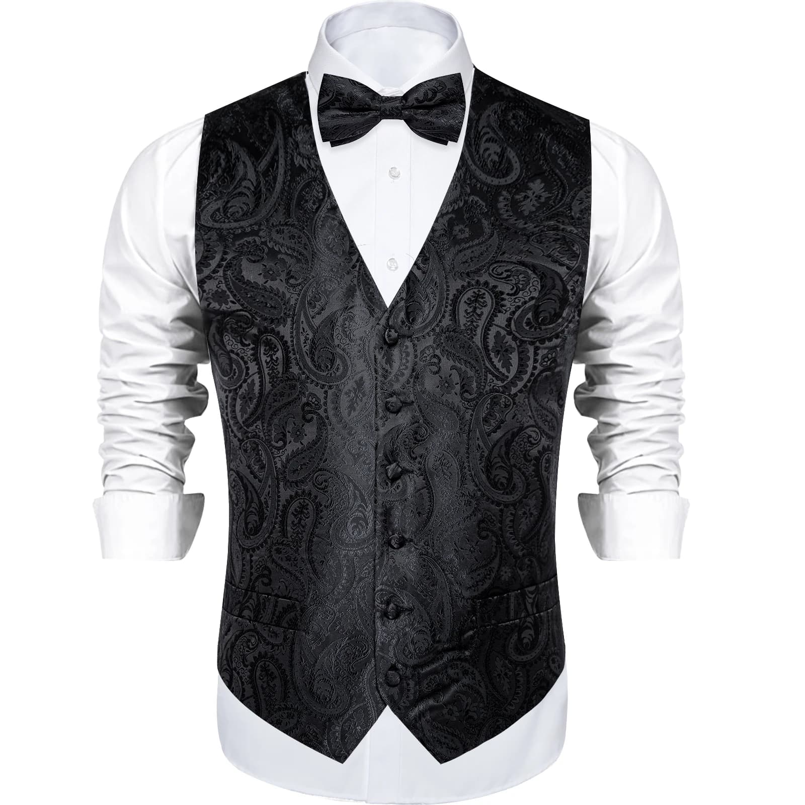 Gilet de costume Paisley noir solide pour hommes, avec cravate, nœud papillon, mouchoir, boutons de 
