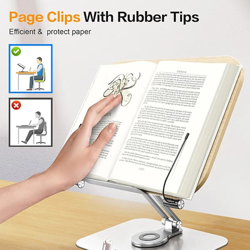 Support de livre de bureau pour lire avec 360 °   Panneau en bois à base rotative et clips de page p