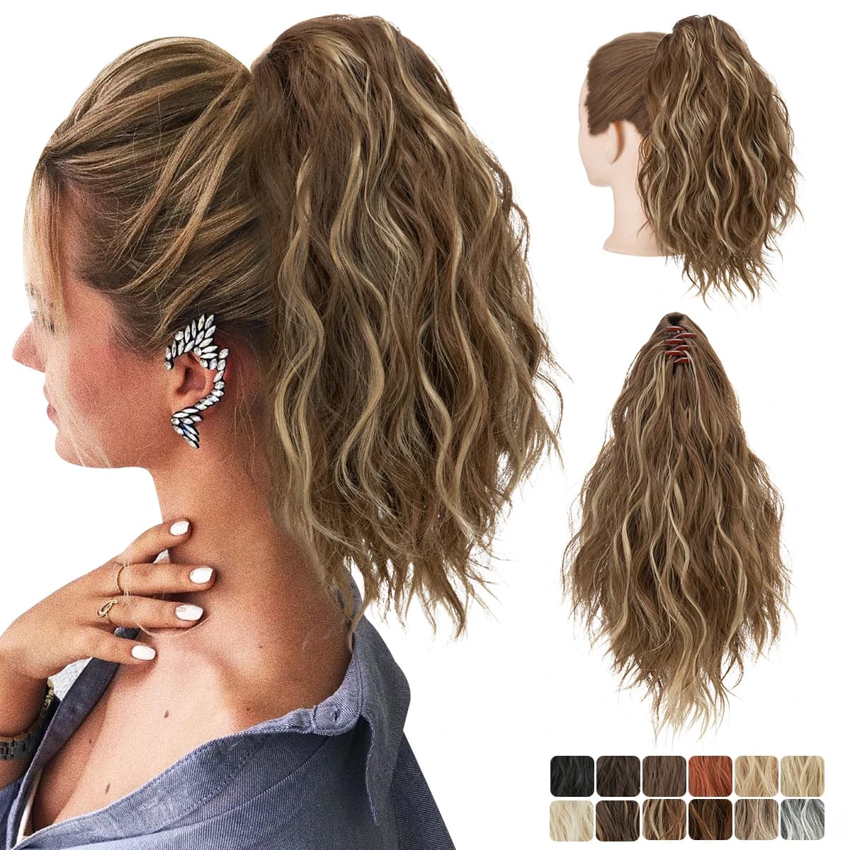 Pince à griffe bouclée synthétique en queue de cheval Blonde brun postiche courte 13 "faux cheveux f