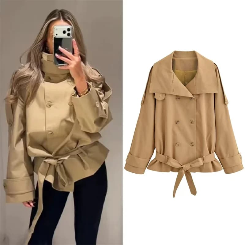 Manteau pour femme, style printemps 2026, kaki, manches longues, col montant, ceinture, trench court