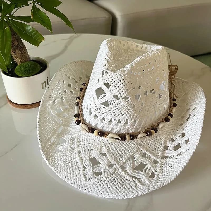 Chapeau de paille bohème d'été pour femmes et hommes, chapeaux de Cowboy de plage, perles en bois aj