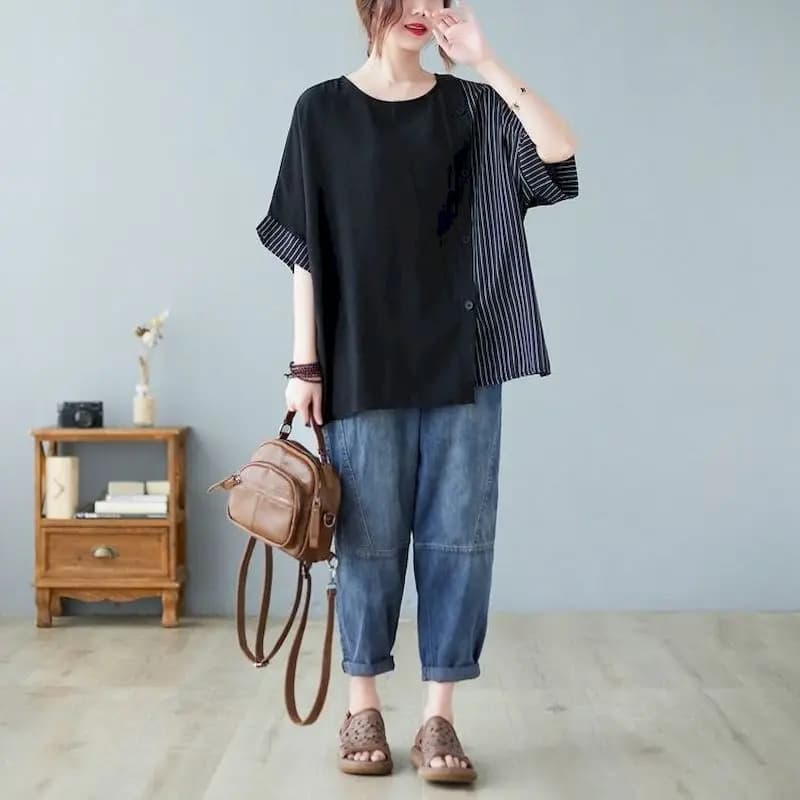 T-shirt à manches courtes en coton et lin pour femme, haut patchwork rayé, design boutonné, tendance