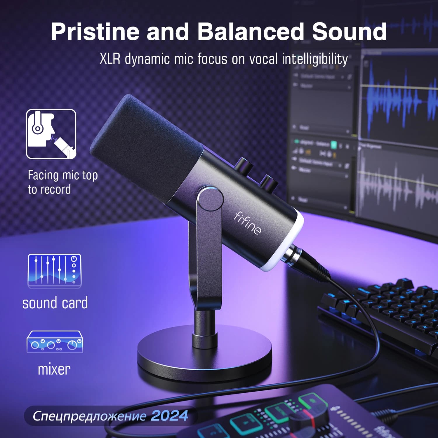 FIFINE-Microphone dynamique USB/XLR avec contrôle RVB/prise téléphonique sauna/muet, MIC pour PC Gam