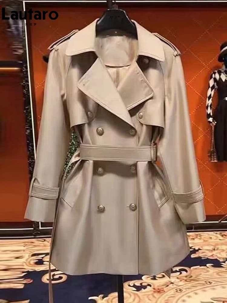 Lautaro-Manteau en satin pour femme, double boutonnage, ceinture, élégant, haute qualité, vêtements 