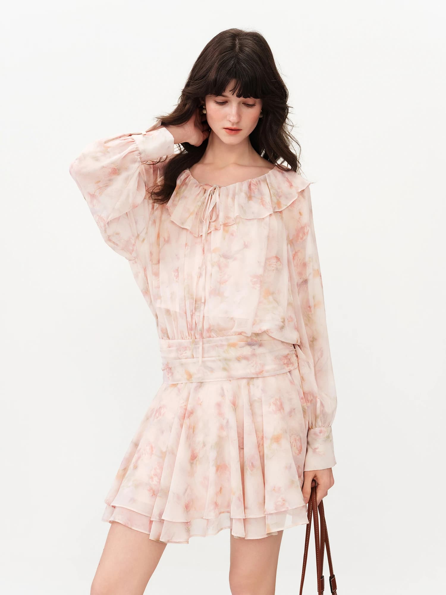 Robe Courte Évasée à Manches Longues Imprimé Floral d'Inspiration Française FSLE 2026 pour Femme - I
