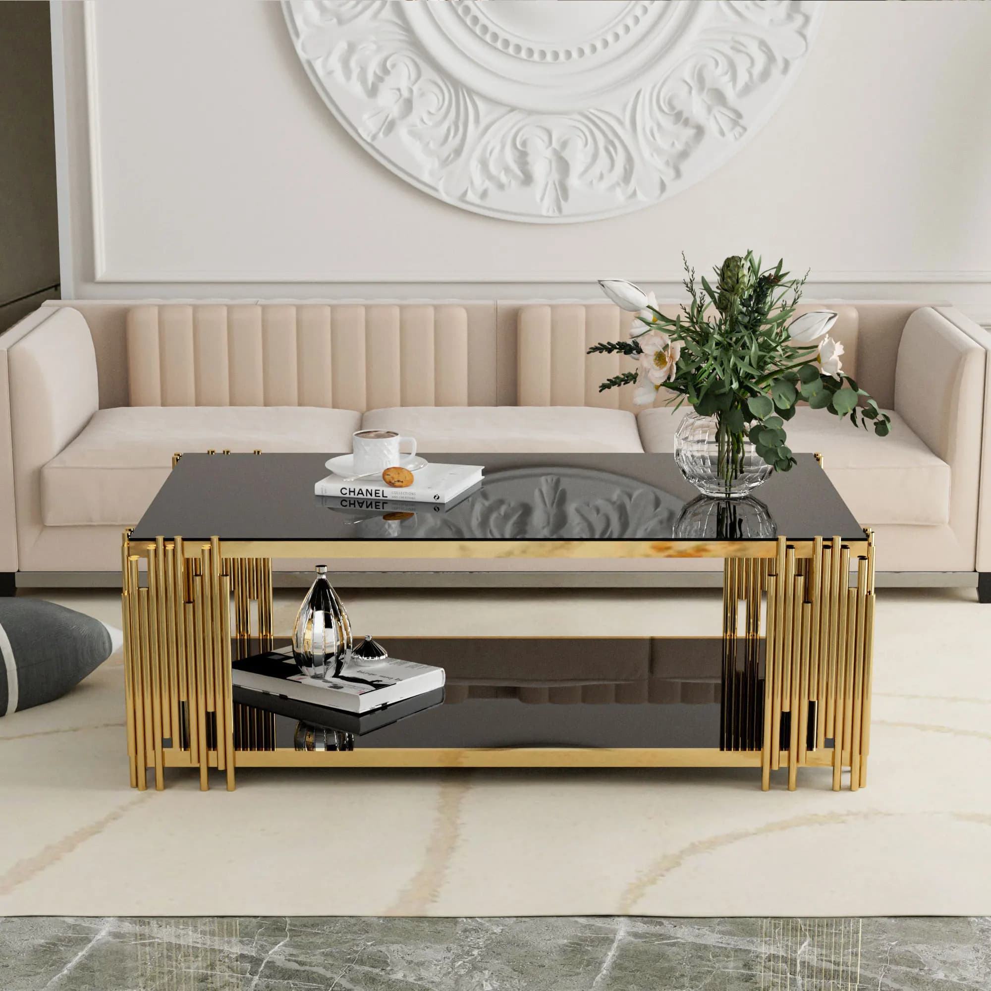 Table basse rectangulaire en verre pour salon, acier inoxydable, table centrale moderne, verre noir 