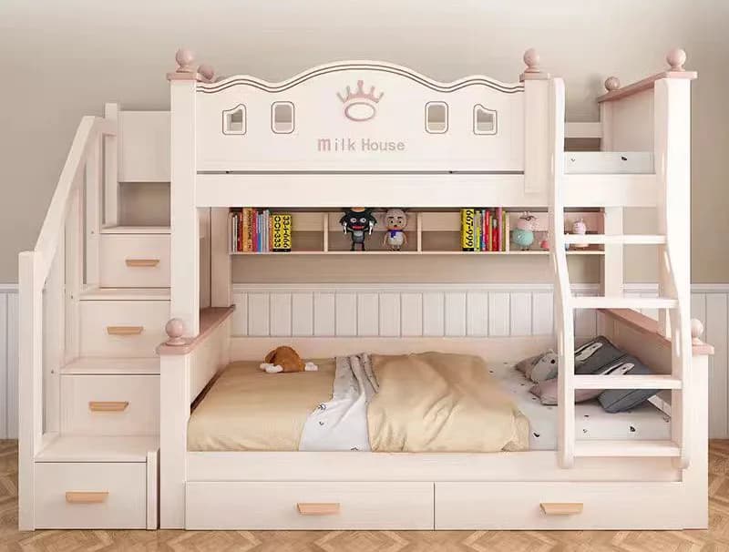Lit pour enfants en bois de cerisier entièrement massif – Lit double à deux niveaux, lit séparé à de