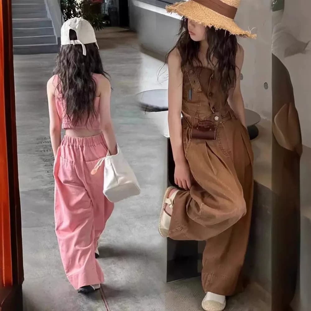 Costume d'été en Denim pour filles de 4 à 13 ans, couleur unie, bretelles + pantalon à jambes droite