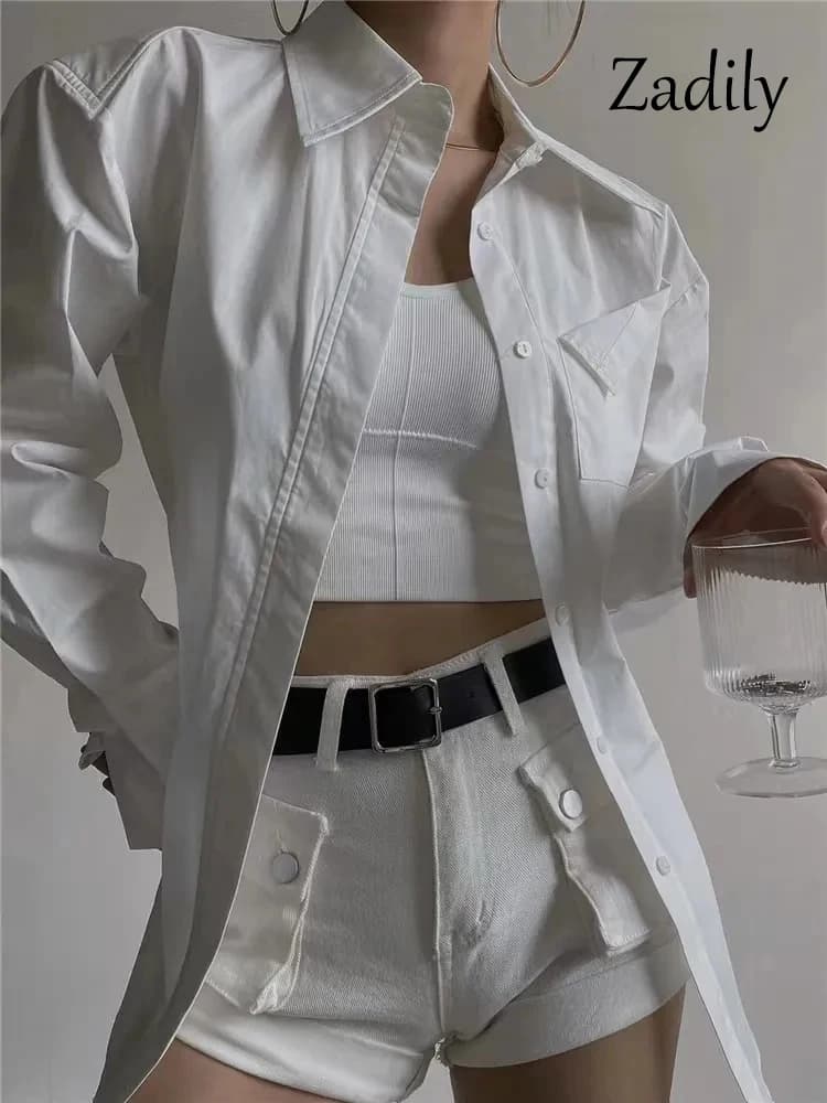 Zadily 2025 automne nouveau en Streetwear à manches longues chemise blanche femmes minimaliste poche
