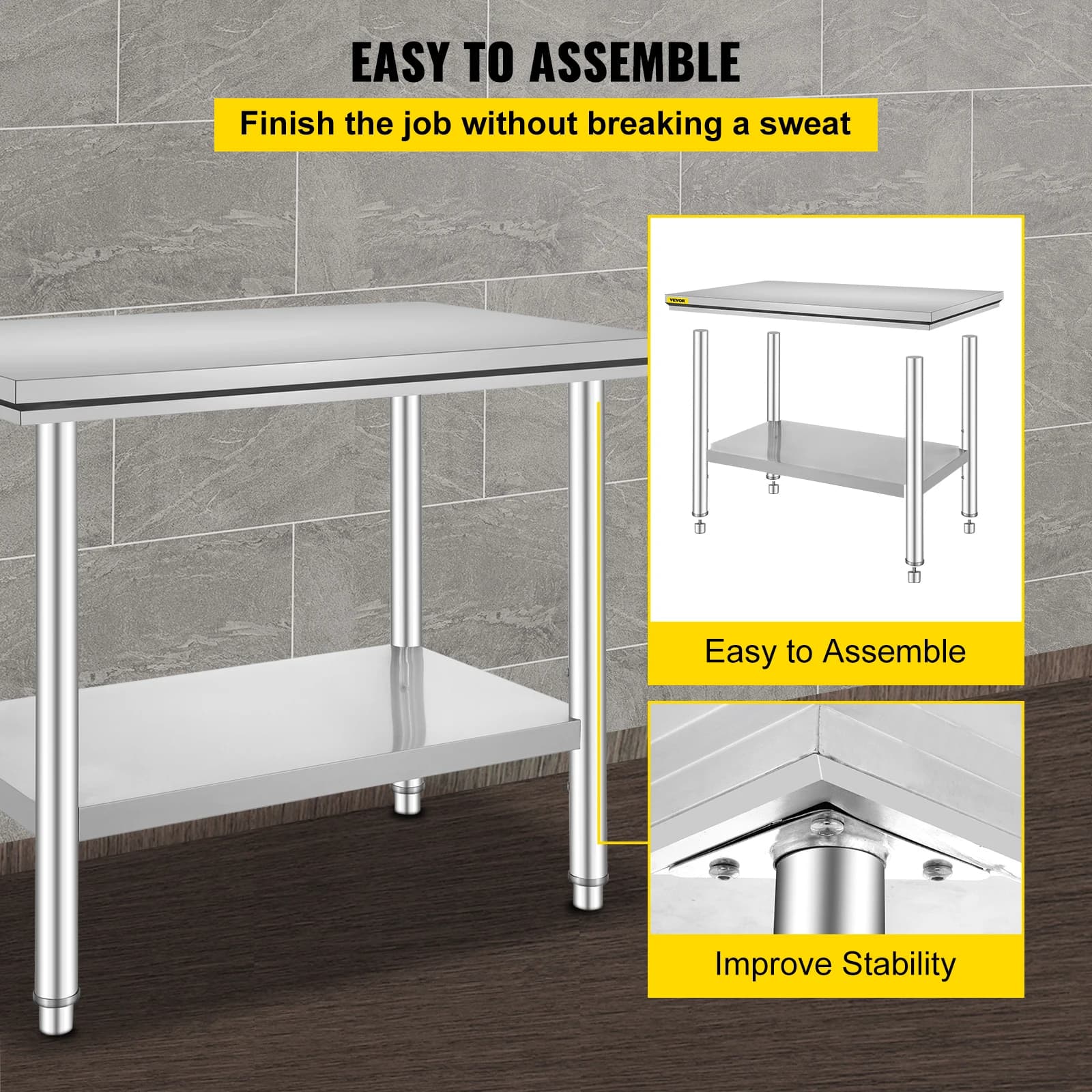 VEVOR Table de Travail Cuisine INOX, Plan de Travail Cuisine en 2 Etage, Table de Travail en Acier I