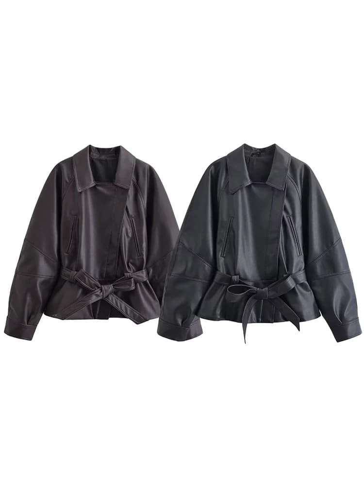 HH Vintage – Vestes noires en similicuir PU pour femme, avec ceinture, manches longues, col à revers