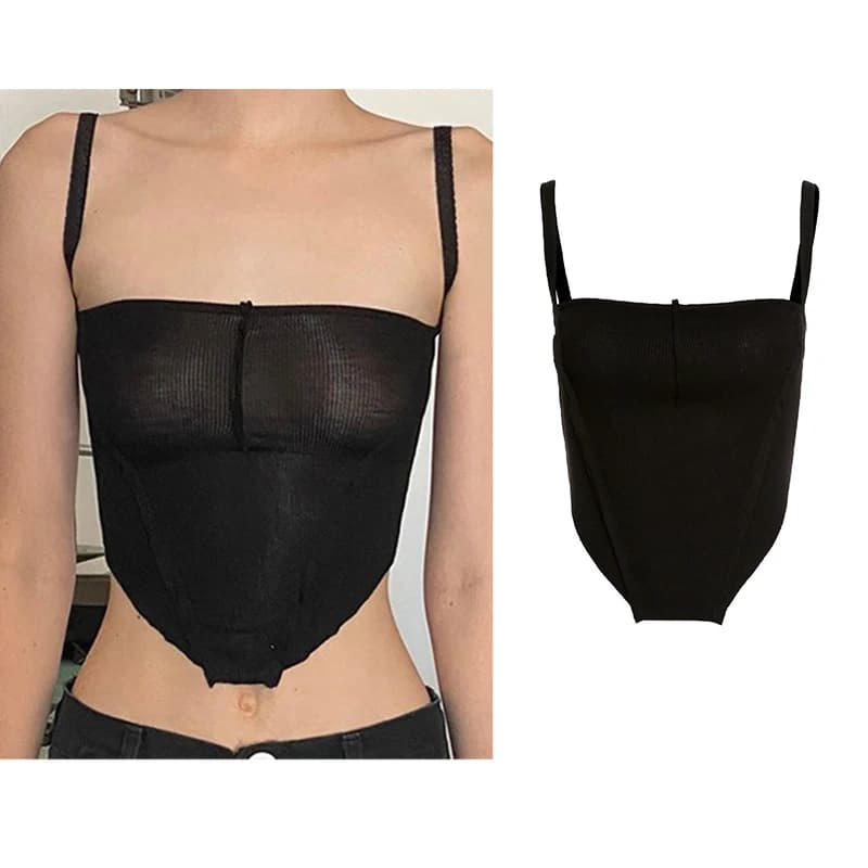 Haut caraco gothique sexy pour femme, dos nu en fibre noire esthétique, GlaE-Girl Crop, Vintage, Pré