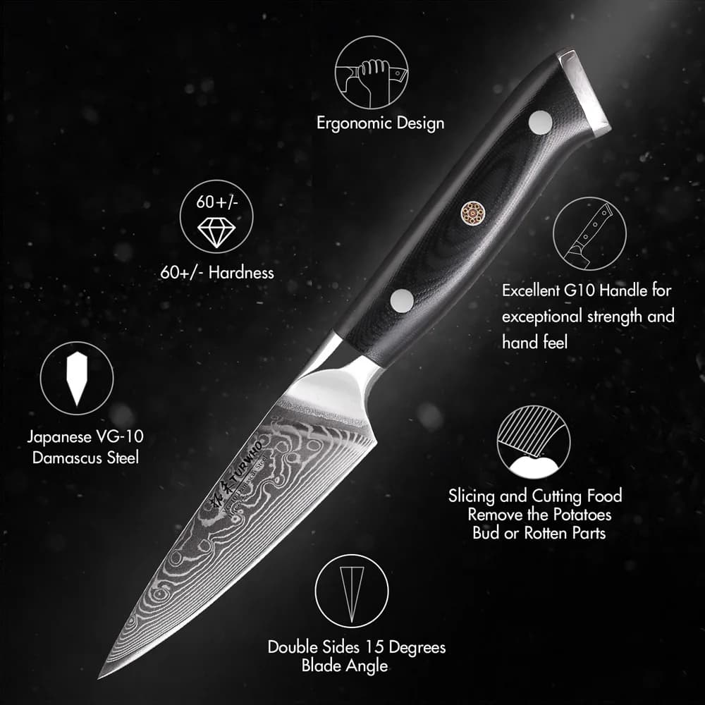 TURWHO 3.5 "couteau d'office professionnel en acier damas couteau de cuisine coupe de Chef épluchage