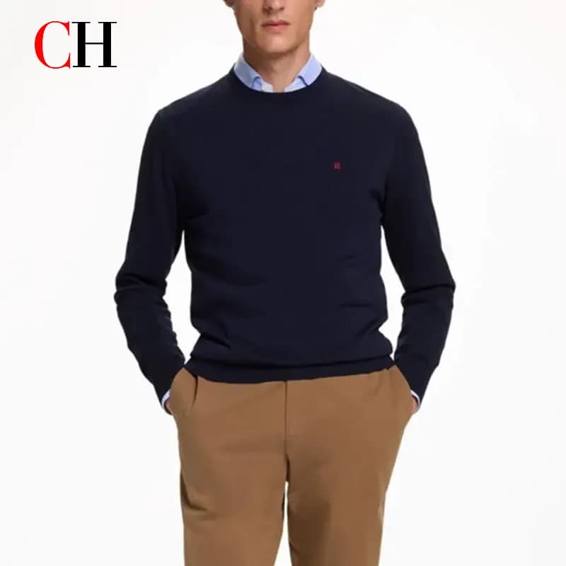 Pull en maille à col rond pour homme CH, manches longues, tricot intemporel, décontracté, essentiel 
