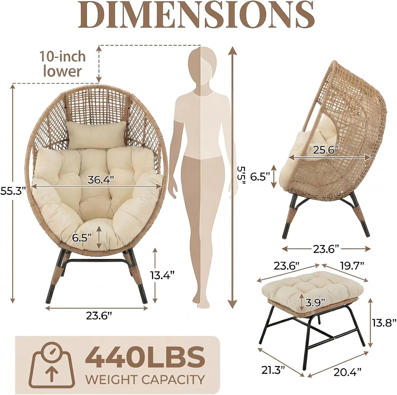 Fauteuil œuf en osier avec repose-pieds, chaise longue d'intérieur/extérieur en forme de panier avec