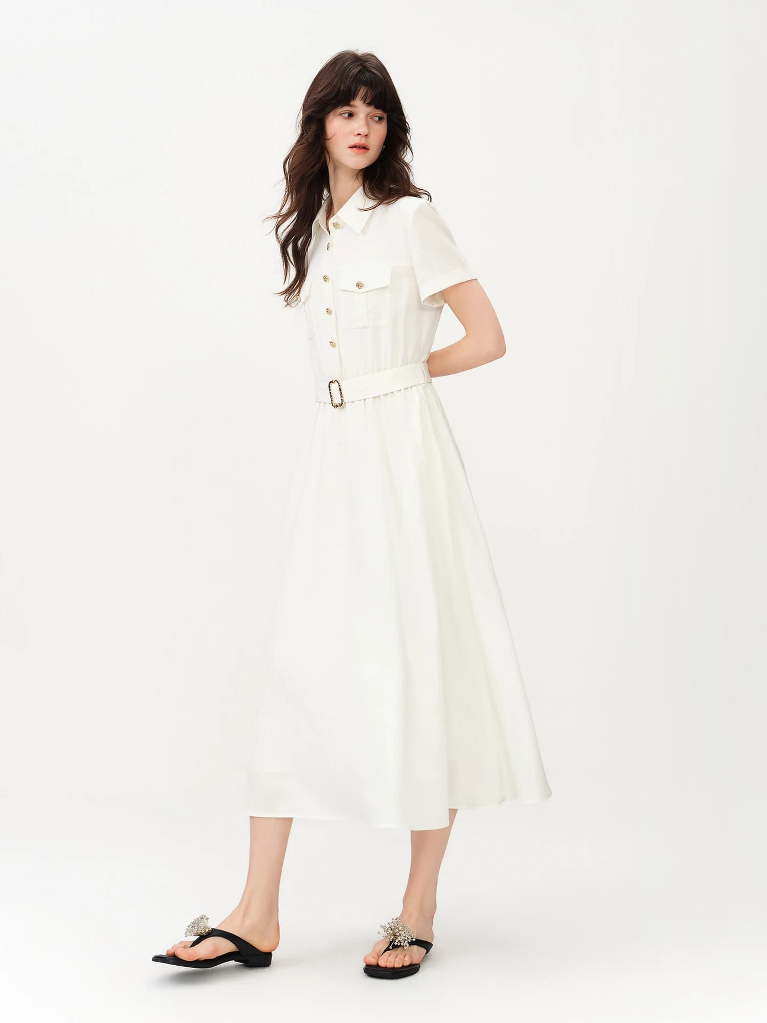 Robe d'été sophistiquée en lin à manches courtes pour femme FSLE 2026 - Coupe trapèze classique mi-l