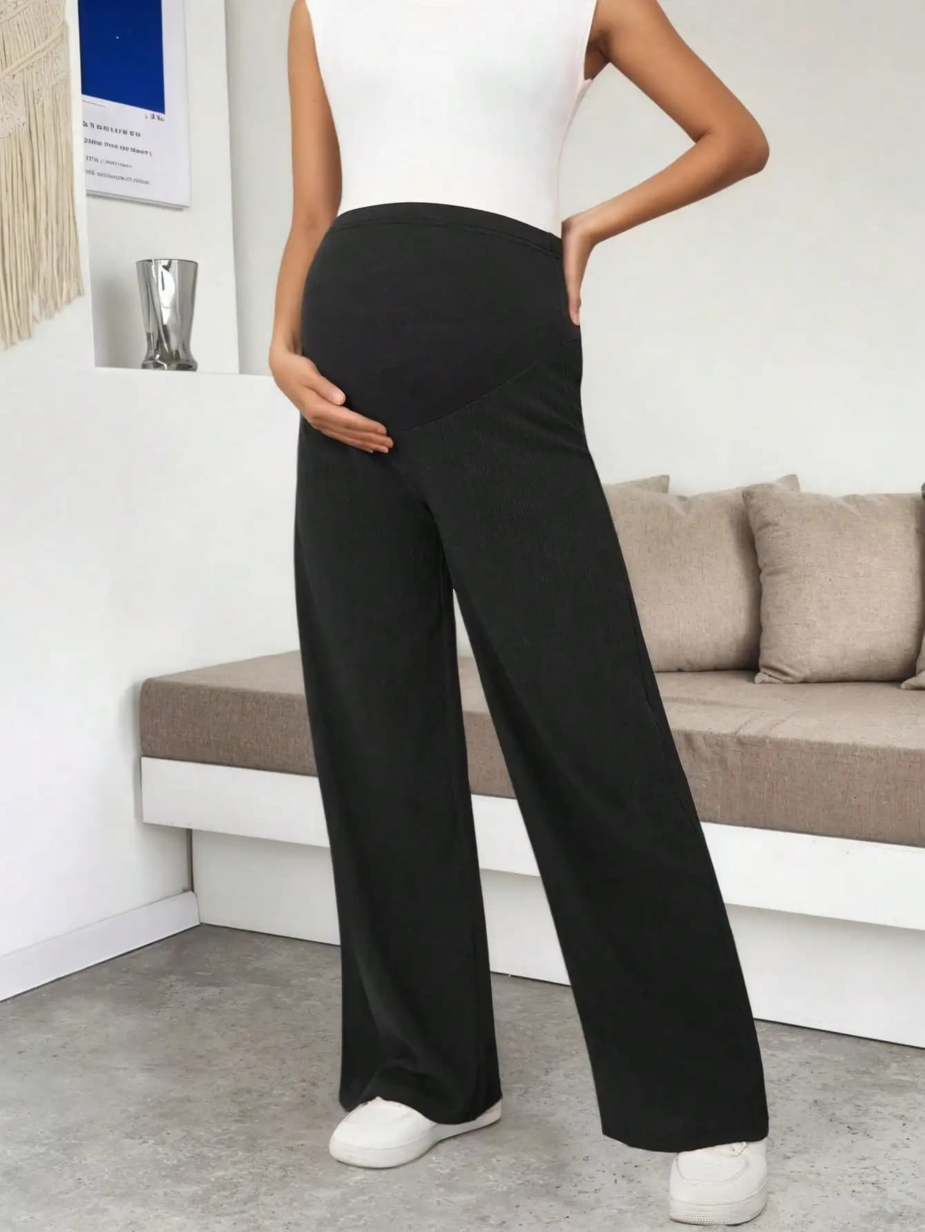 Leggings de maternité noirs pour femmes, à porter sous les robes, coupe large, taille haute, confort
