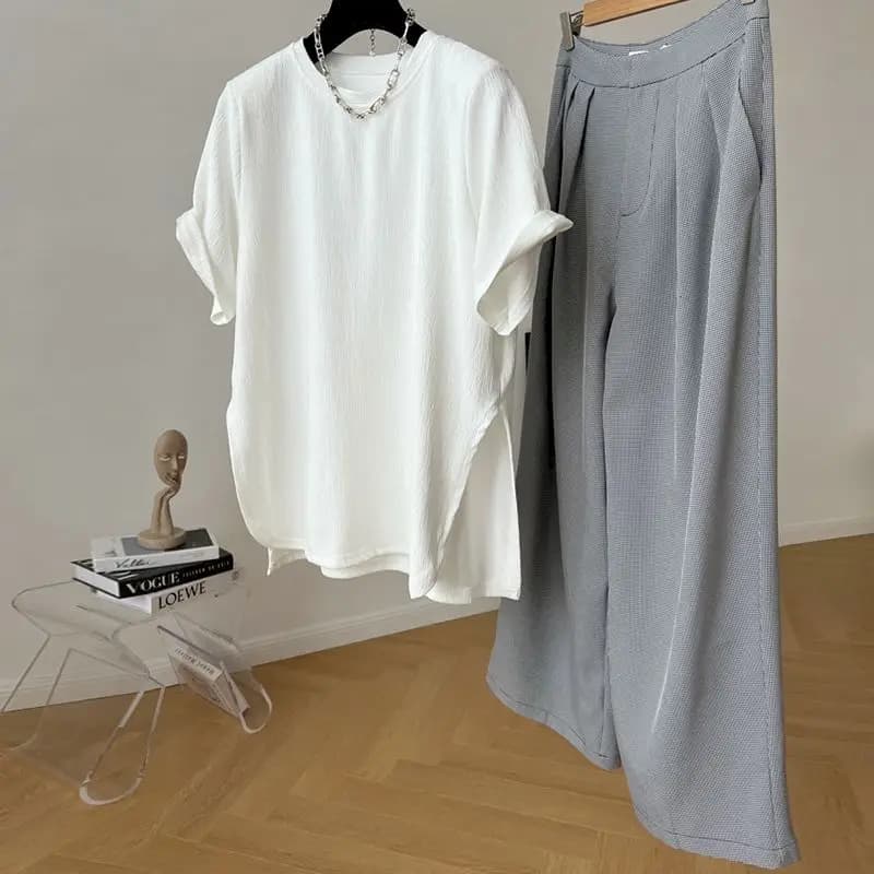 T-shirt Respiré à Manches Courtes pour Femme, Vêtement Fendu, Plissé, à la Mode, Couleur Unie, Tenda