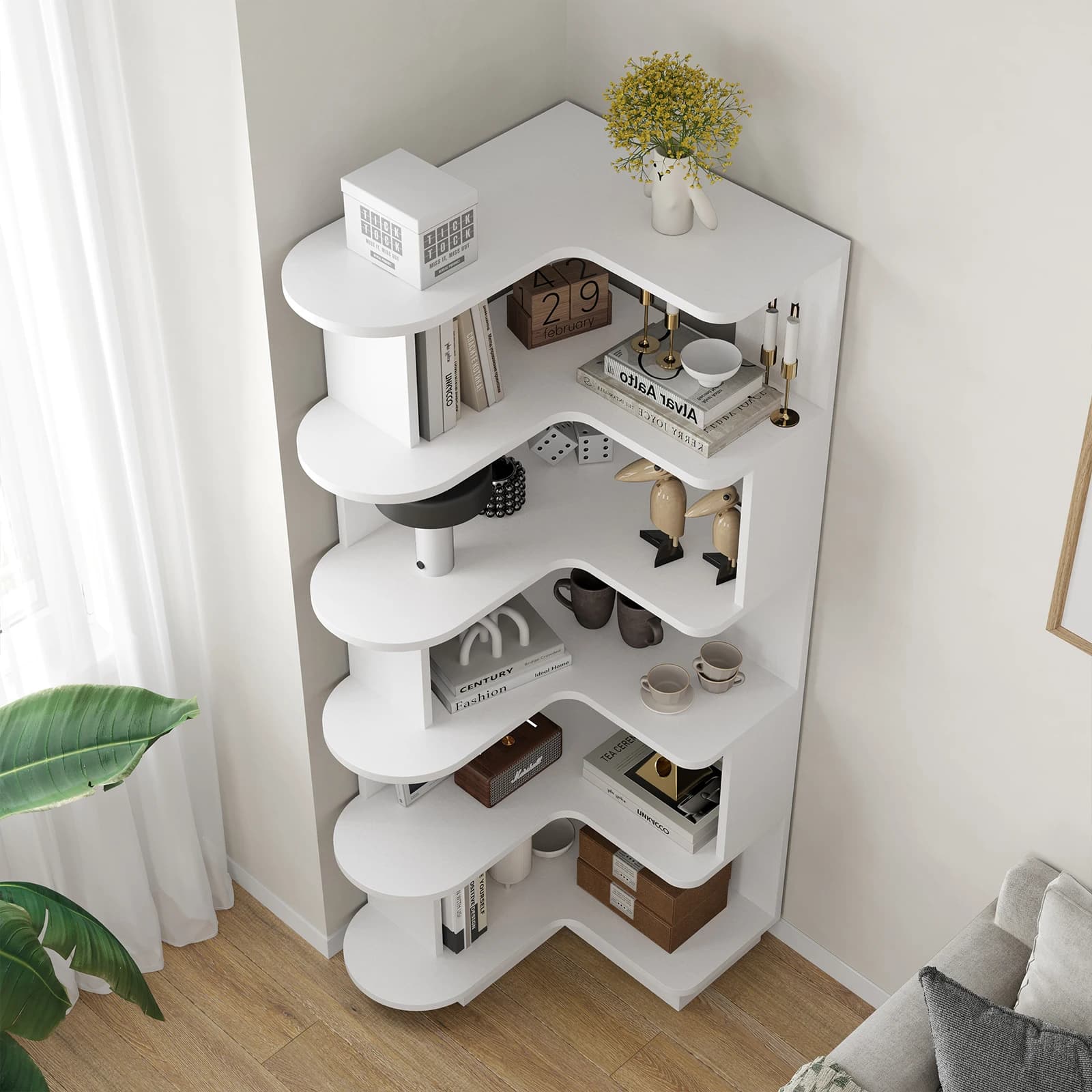Bibliothèque d'angle Farini – Blanc, étagère de rangement peu encombrante pour le salon et le bureau