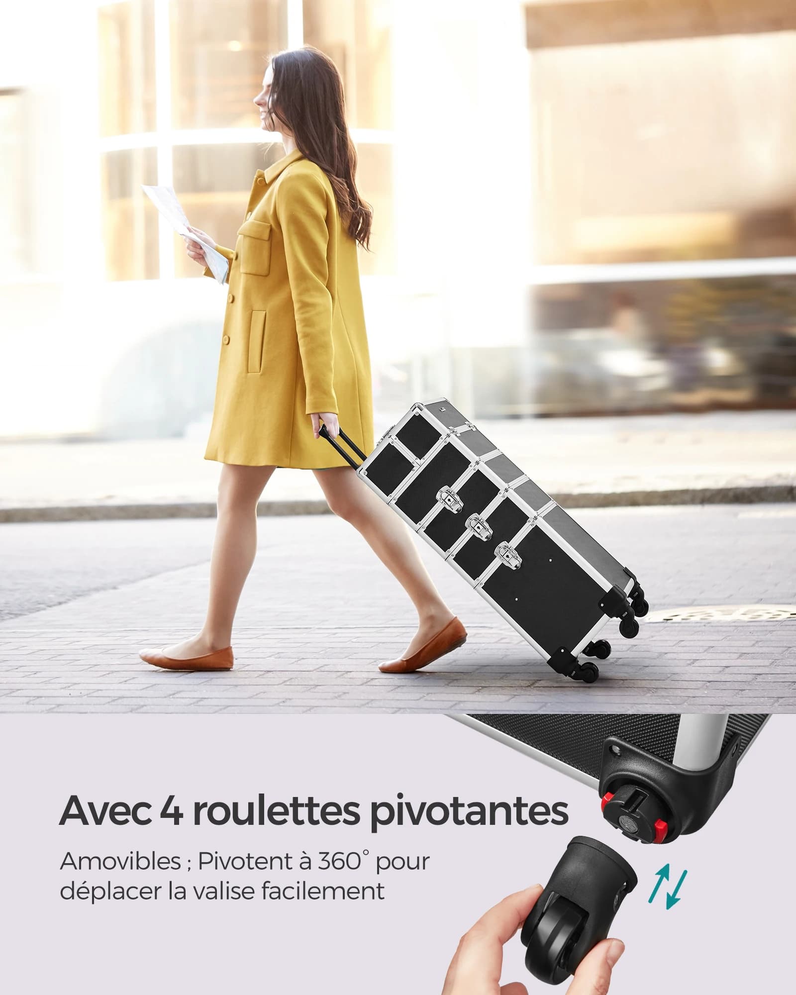 Coffret à Maquillage 4 en 1, Valise à Maquillage, Verrouillable, Roulettes, Noir