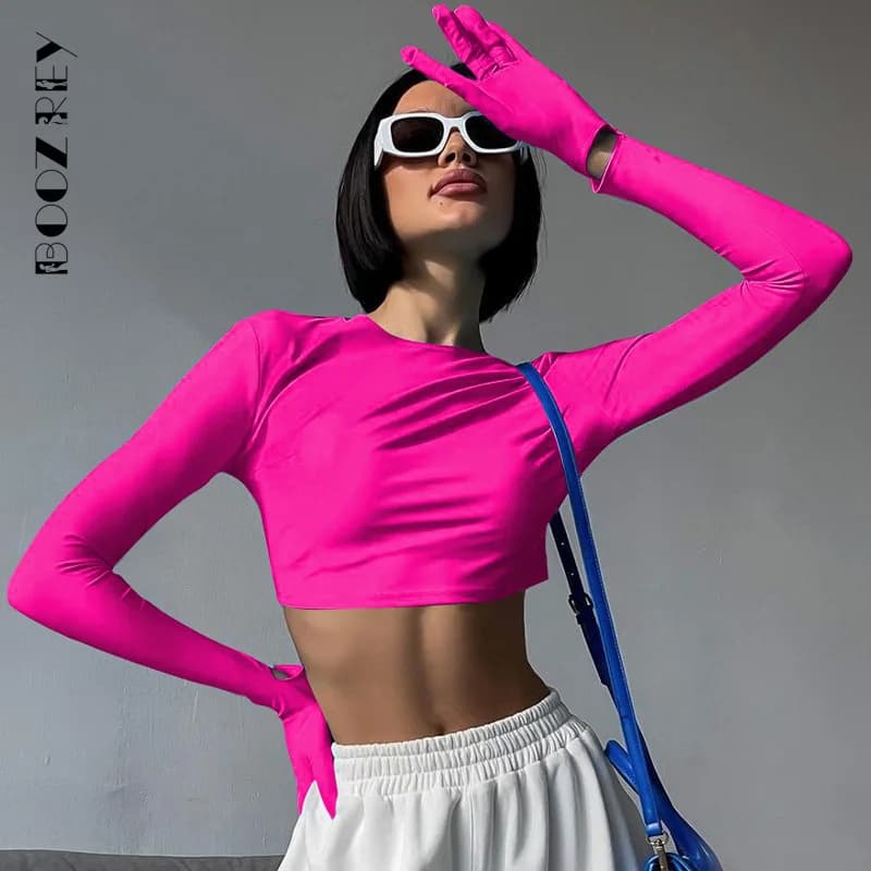 BoozRey Y2K couleur unie mince haut col rond t-shirt femmes mode d'été Sexy manches longues avec gan