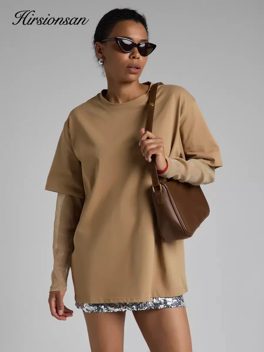 Hirsionsan coton t-shirt femmes 2024 été surdimensionné brillant soie Patchwork à manches longues t-