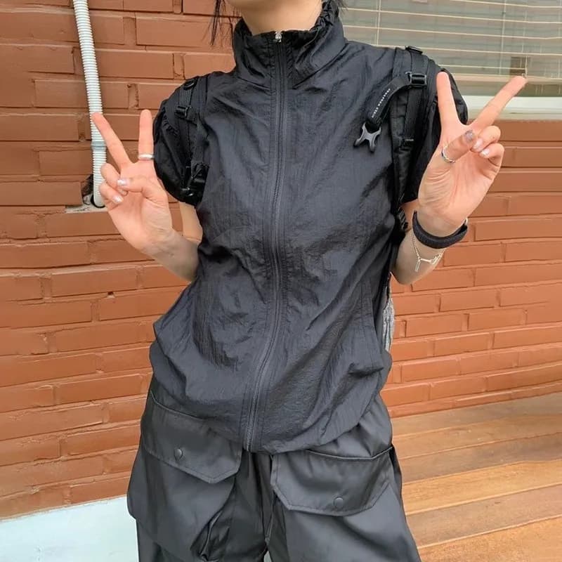 Karr233-T-shirt Cargo Japonais Y2k, Veste Fine à Manches Courtes avec Fermeture Éclair, Protection S