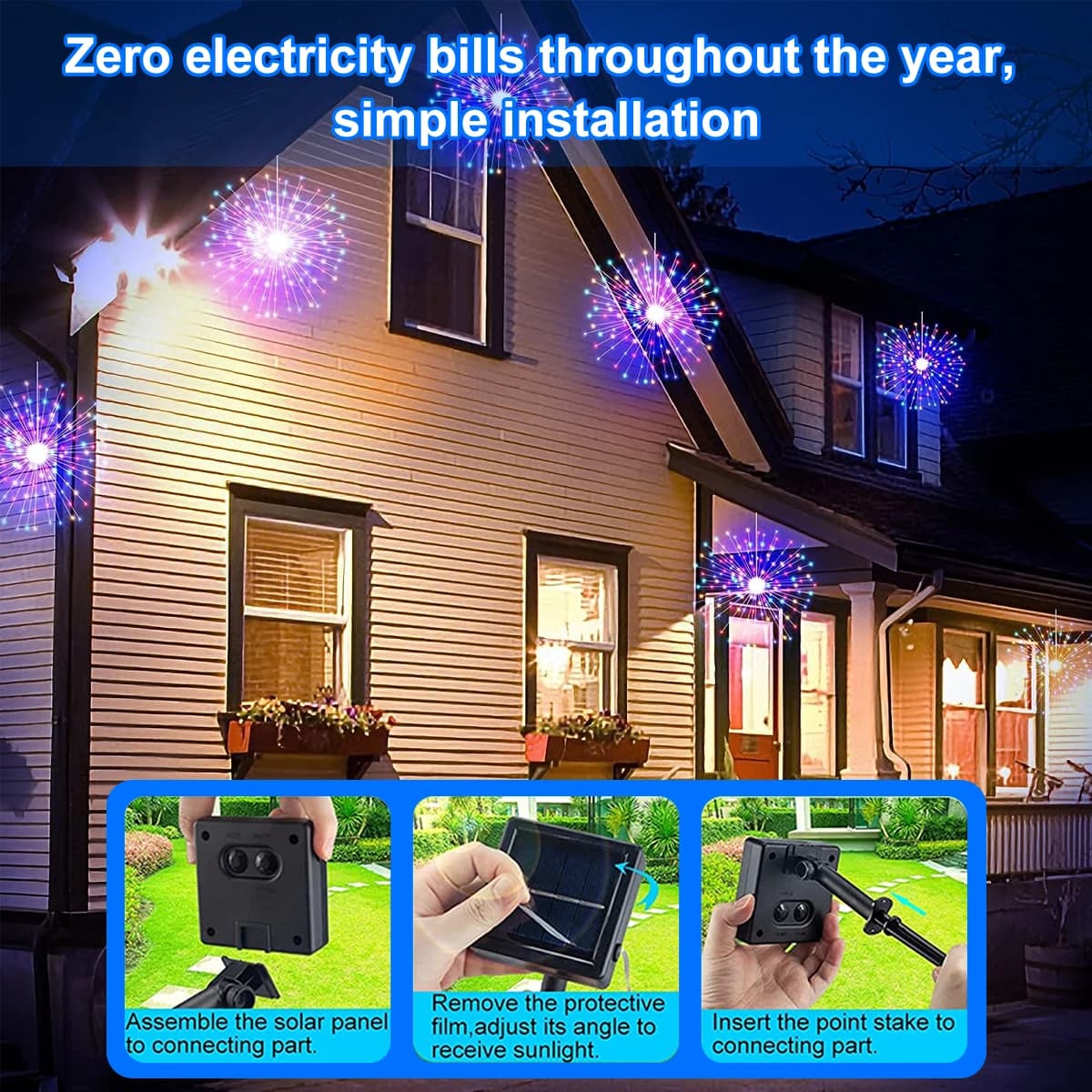 Feux d'artifice solaires d'extérieur, 90/150/200 LED, 8 Modes, guirlande lumineuse suspendue en fil 
