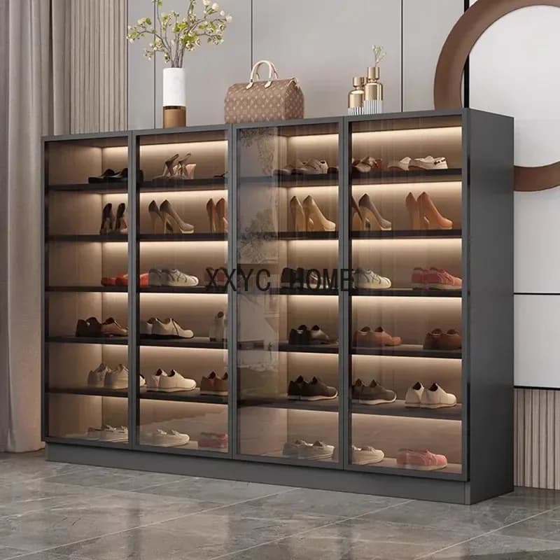 Armoire à chaussures de grande capacité, couloir fin, entrée, usage domestique, porte en verre verti