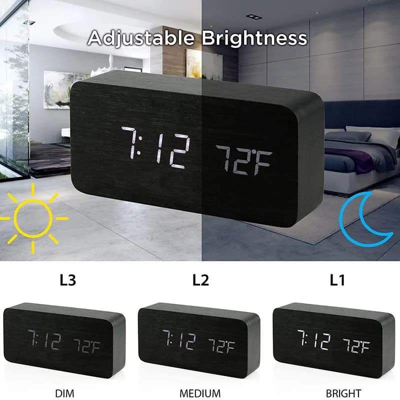 Réveil numérique en bois, réveil LED avec température, horloges de bureau pour bureau, horloge de ch