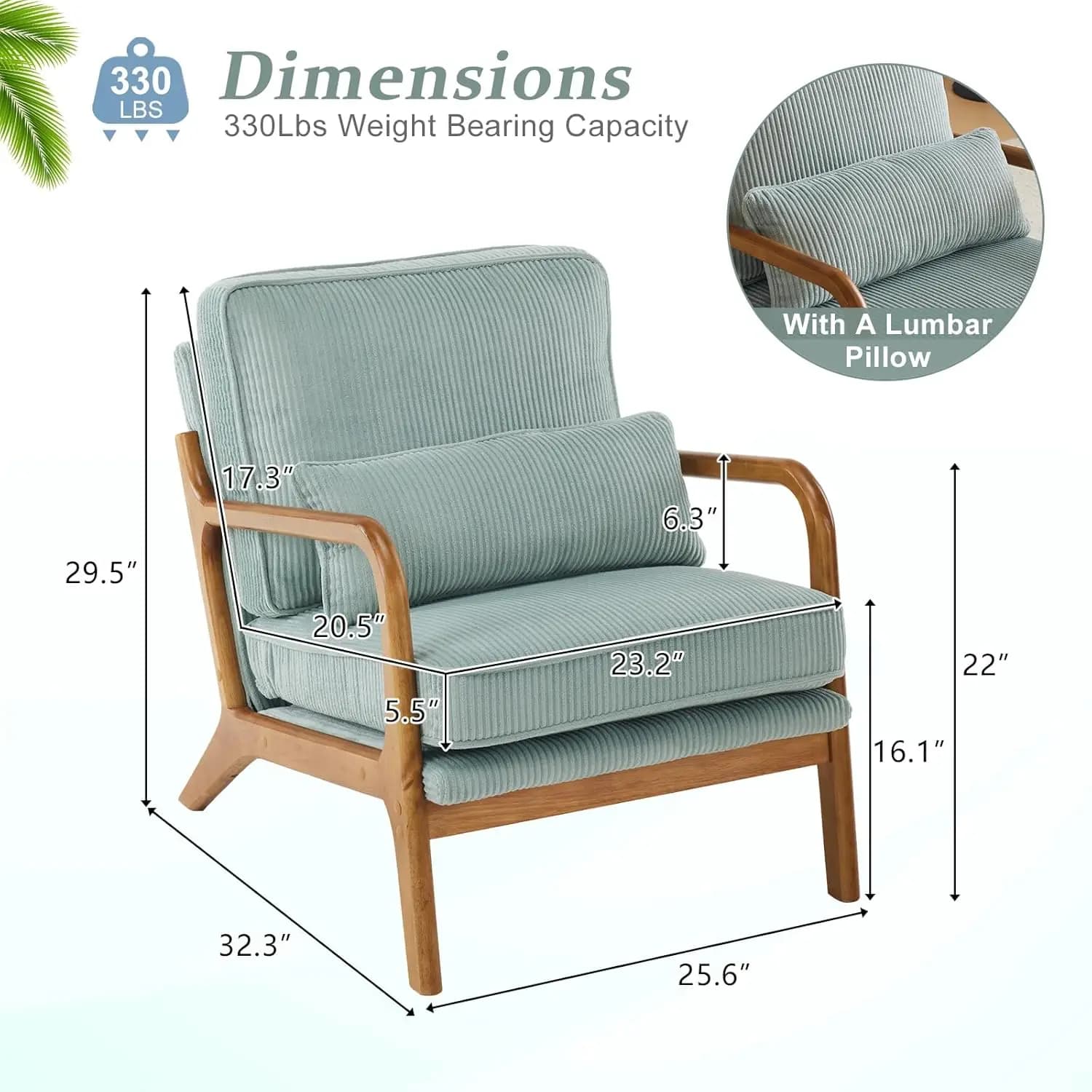 Ensemble de 2 fauteuils d'appoint en velours côtelé, rembourrés, en bois massif, avec coussin de lec