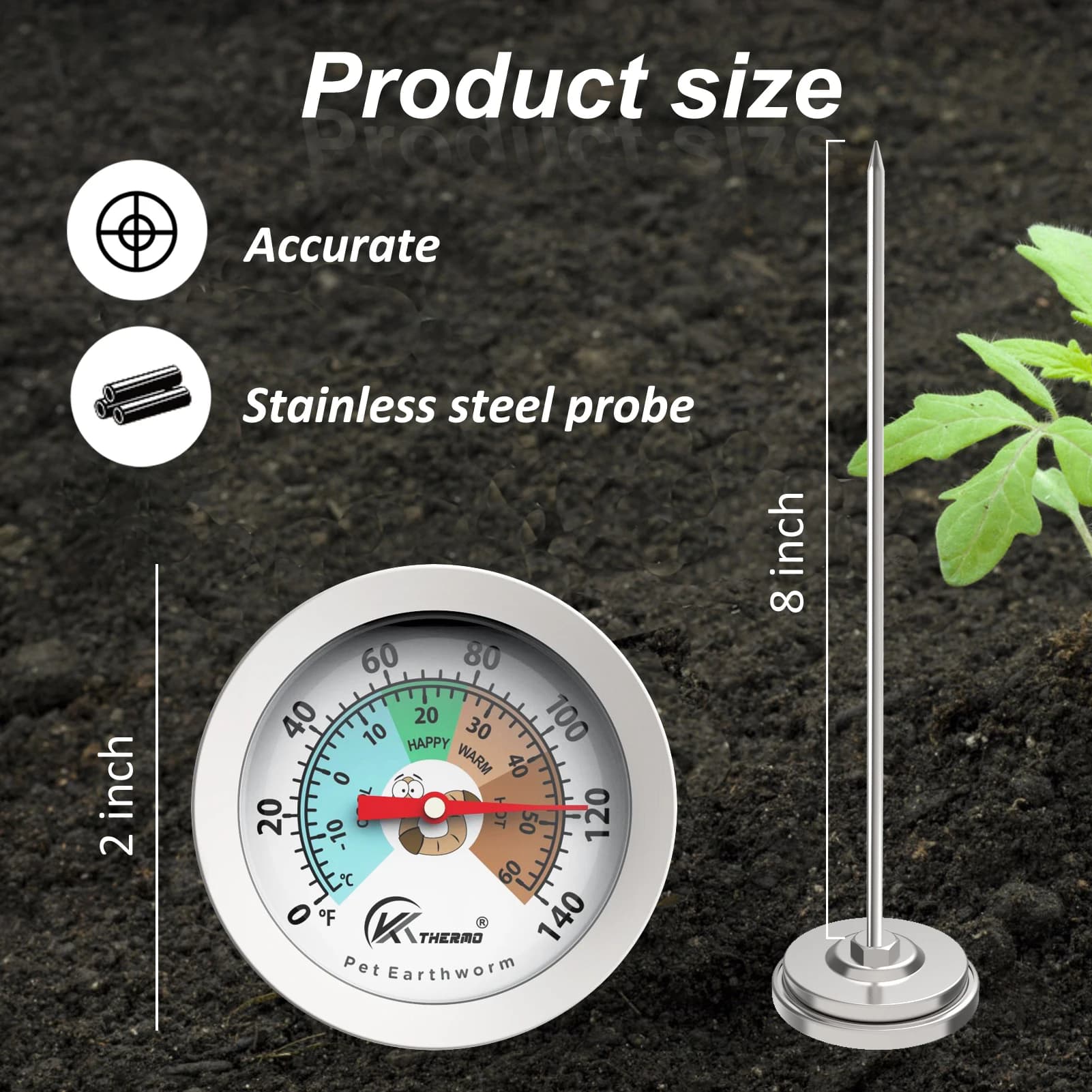 Thermomètre de sol pour compost et jardin – Sans batterie, sonde en acier inoxydable, cadran de 8 po