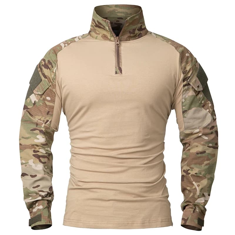 Chemise de Combat à manches longues pour hommes, fermeture éclair 1/4, chemises tactiques en coton R
