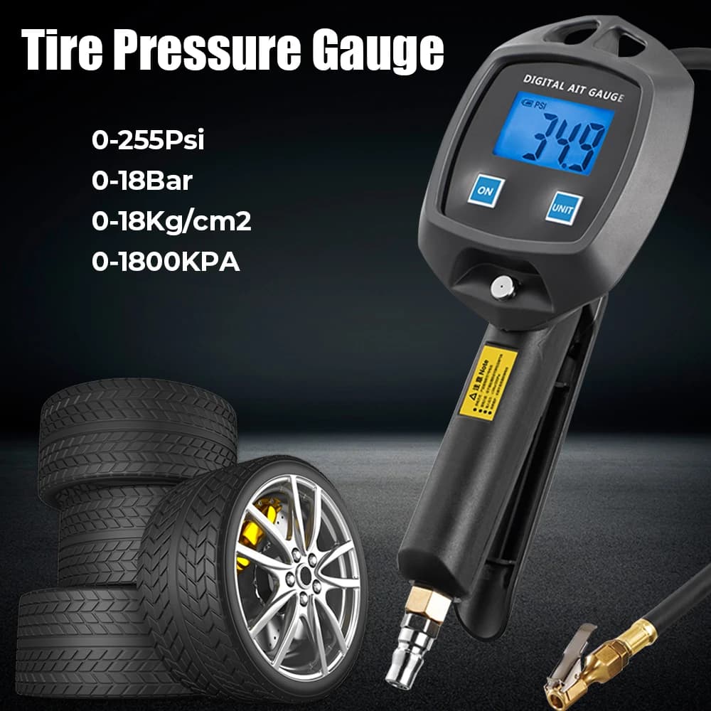 Avec buses de tuyau de gonflage testeur de voiture manomètre de pression des pneus 0-255Psi 0-18Bar 