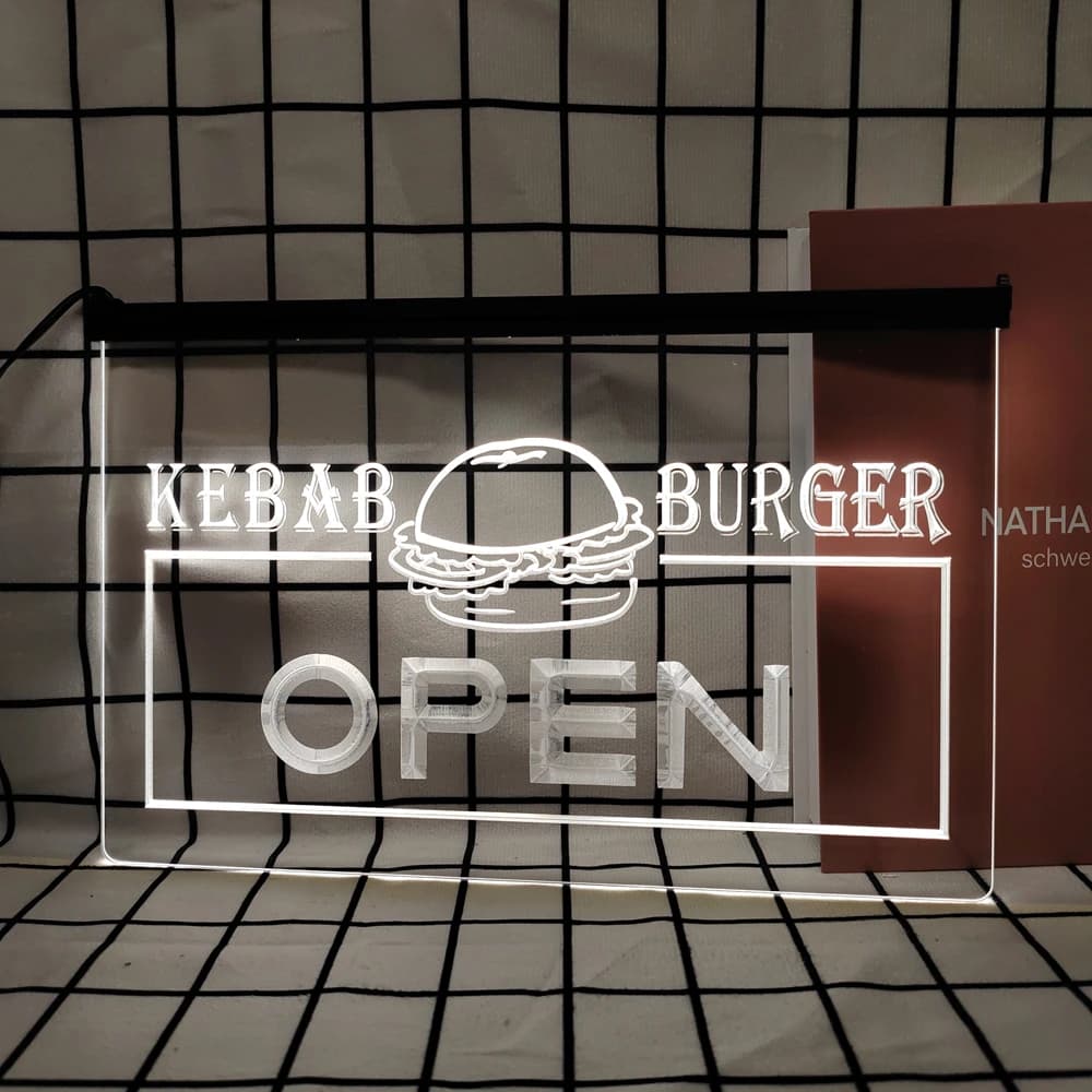 OPEN Kebab Burger Retro LED Neon Sign, Home Decor with Vintage Plaques and Posters for Room, Office 