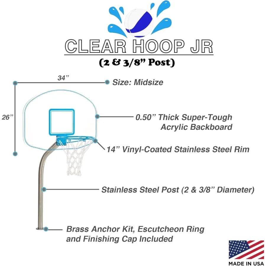 Cerceau de basket-ball au bord de piscine Clear Hoop Jr. monté sur le pont avec ballon, ancre en lai