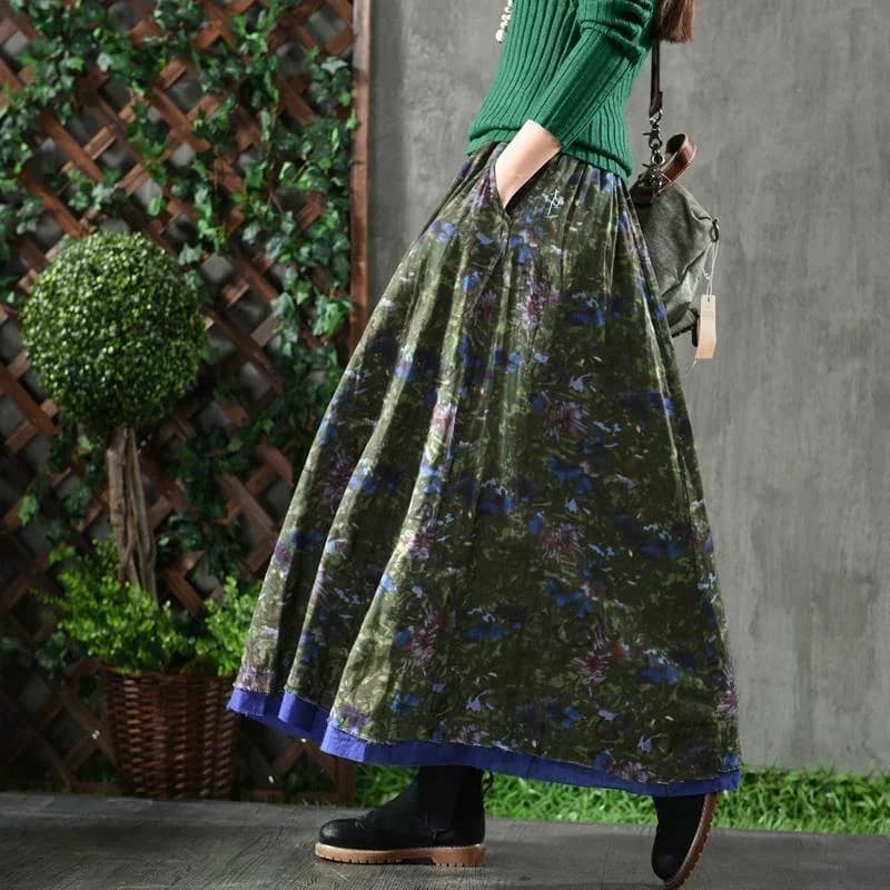 A-ligne plissée Vintage jupes pour femmes automne jupe longue florale poches élégant ample taille ha