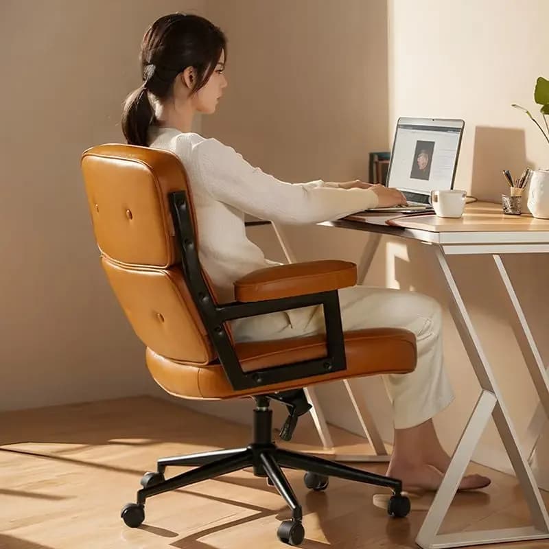 Chaise de bureau rétro en cuir, chaise de bureau pivotante inspirée du milieu du siècle pour le bure