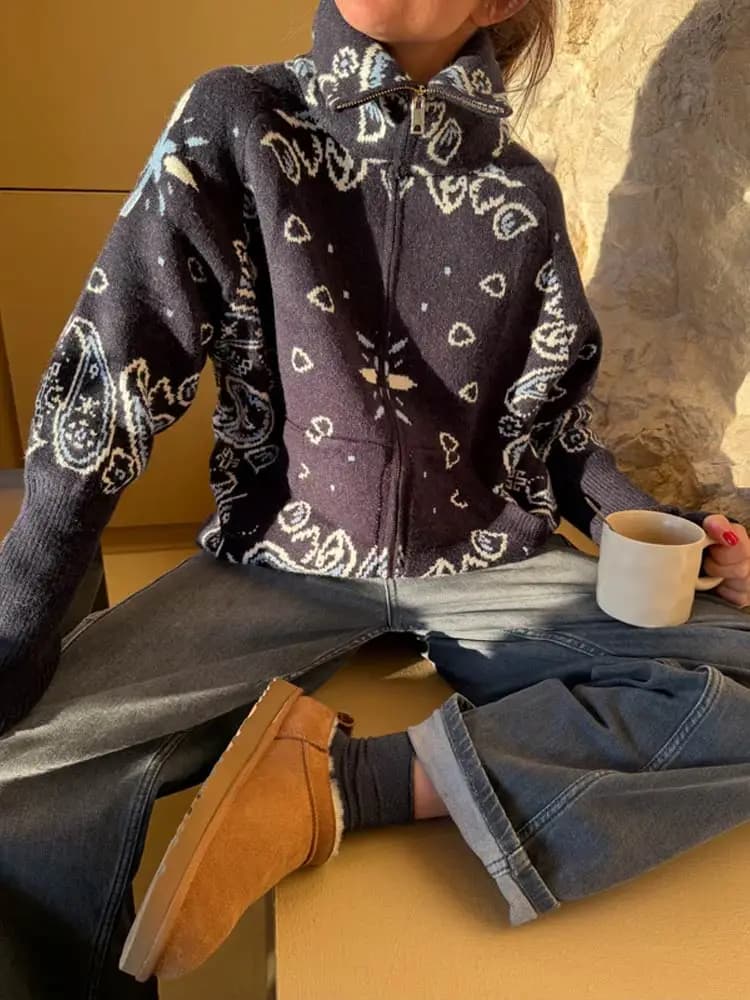 Cardigan Vintage en tricot Jacquard à col montant pour femme, fermeture éclair, manches longues, poc