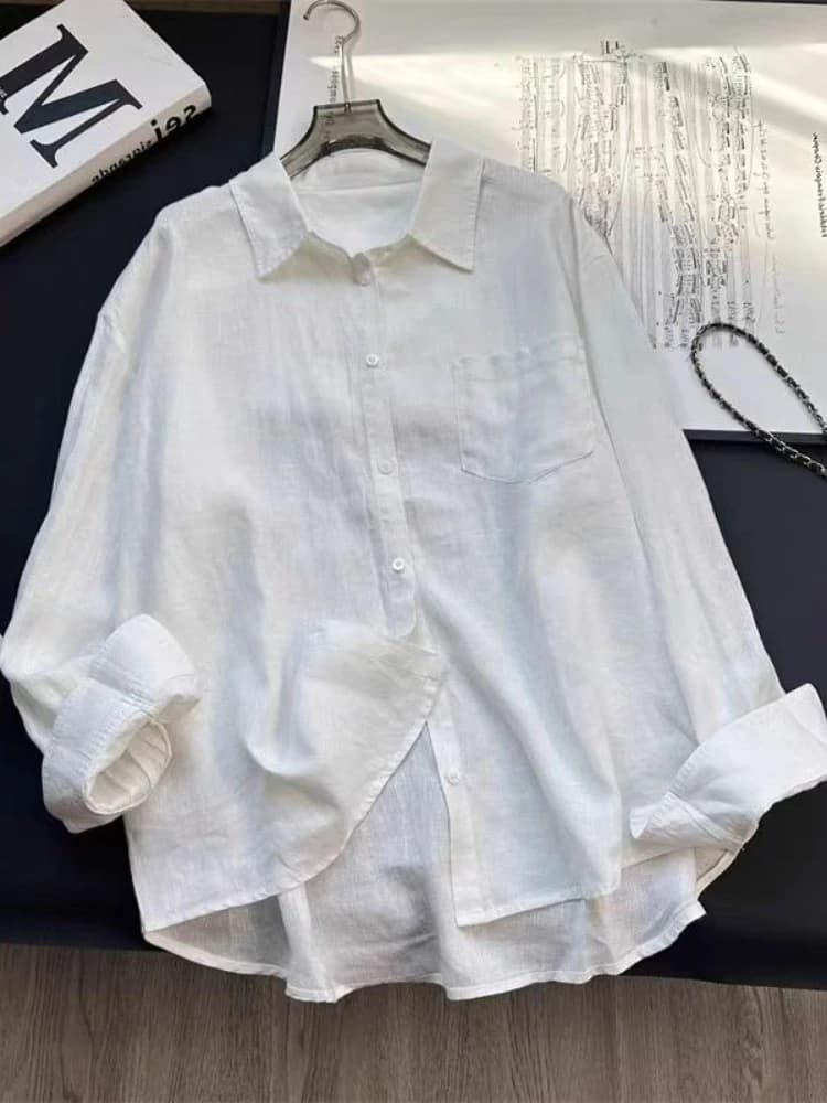 Chemise en lin bleue pour femme, été, fine, ample, en coton et lin, manches longues, protection sola