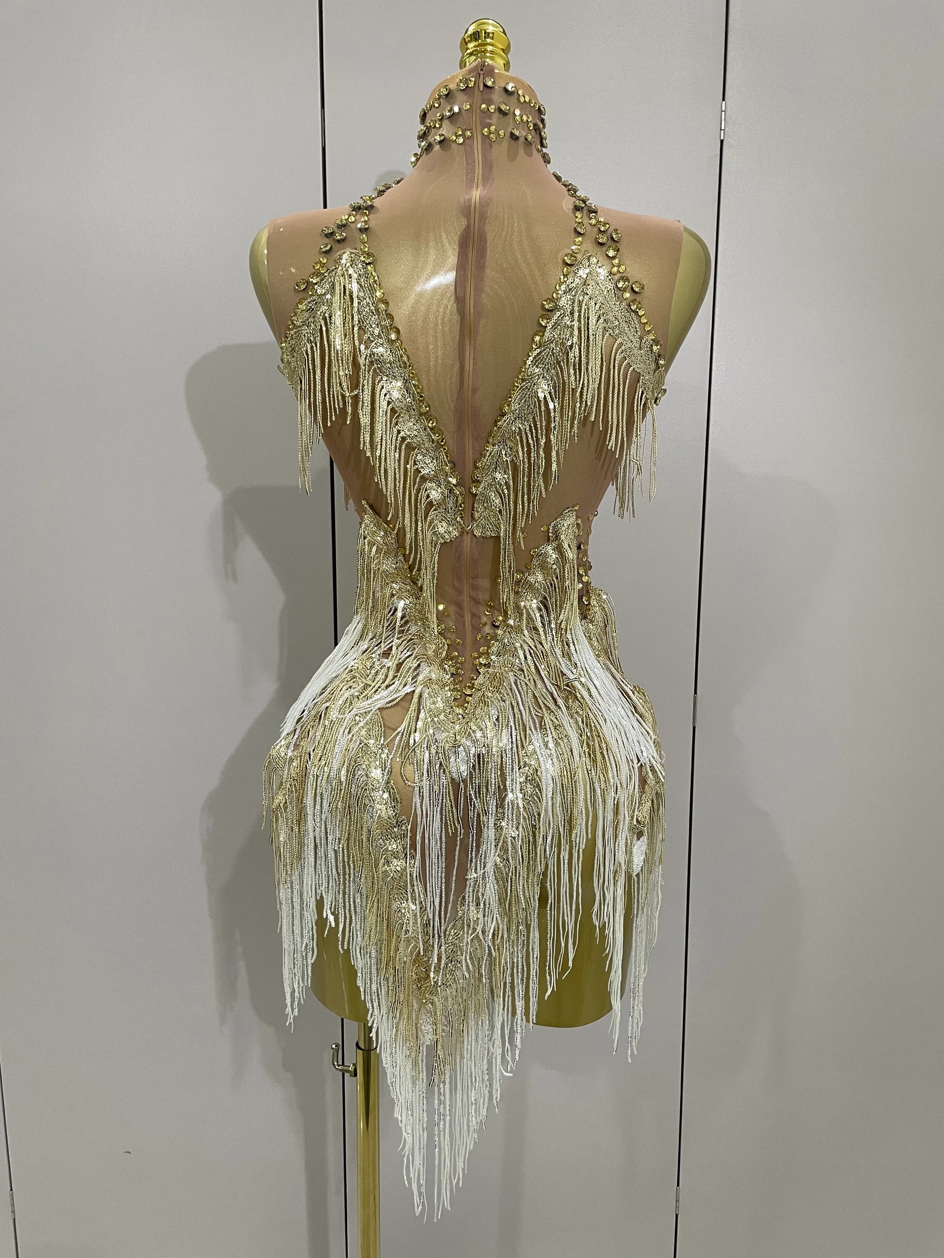 Stock 2025 femmes Sexy maille extensible brillant strass glands Mini robe discothèque chanteur danse